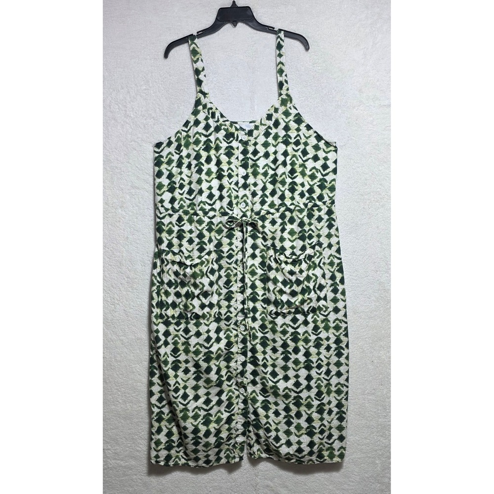 Time and Tru Green Ikat Linen Blend Button Front Midi Dress XXL 20 Pockets